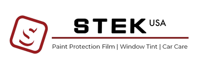 Logo for Stek USA featuring a red stylized 'S' icon and text indicating services in paint protection film, window tint, and car care.